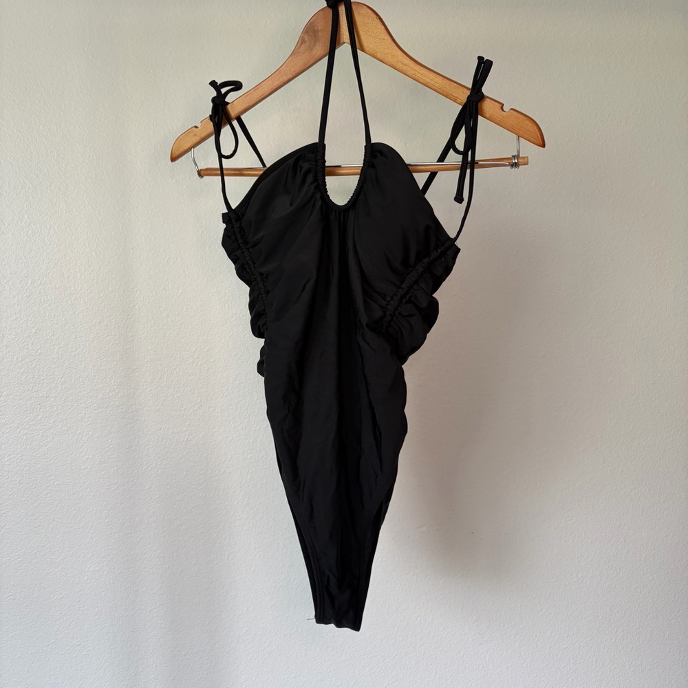 Black Cheeky Ruched One-Piece Swimsuit with Tie Straps